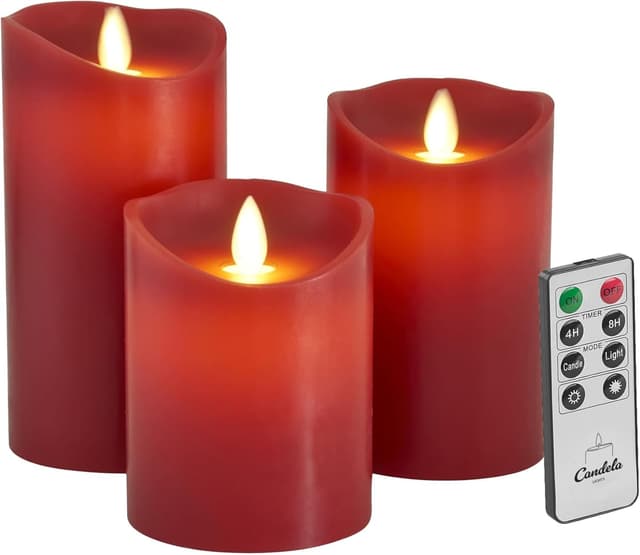 Detalle de LC Home Candela Lights LED-Kerzen-Set in Rot (Echtwachsoptik), 3-teilig mit Fernbedienung, Timer & mehrstufig dimmbar