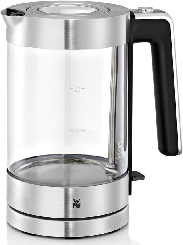 Detalle de WMF Lono Glas-Wasserkocher mit Kalkfilter (1,7 Liter, 3000 Watt) – kabellos, mattierter Edelstahl