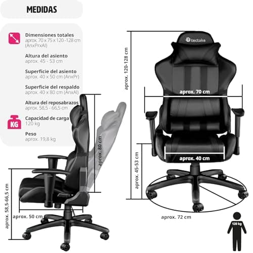 Detalle 2 de TecTake® Silla Gamer Ergonomica con Reclinable
