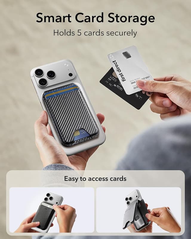 Detalle de ESR portafoglio per MagSafe con blocco RFID, supporto regolabile e spazio per 5 carte (fibra di carbonio nera)