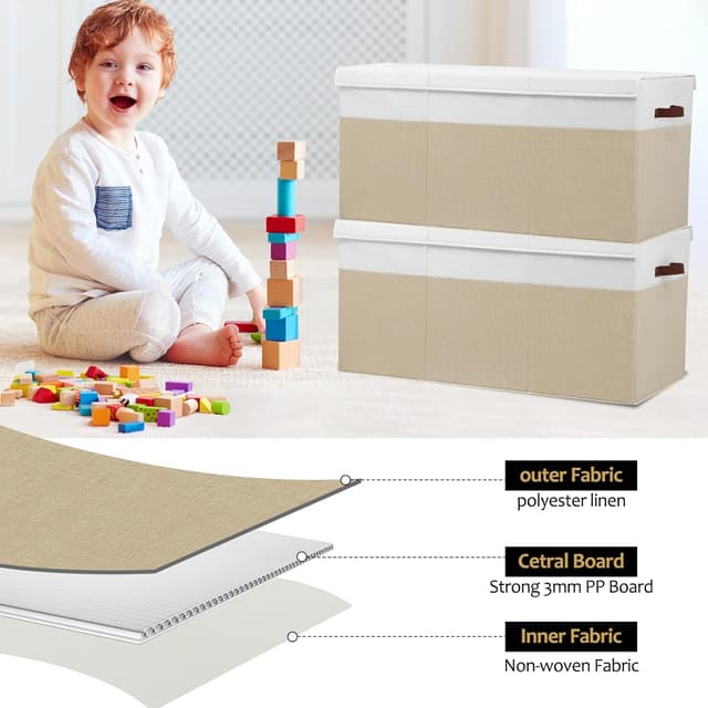 Detalle 2 de Gowee Extra Large Toy Storage Box with Lid (35.5" x 17" x 17") — Beige and White