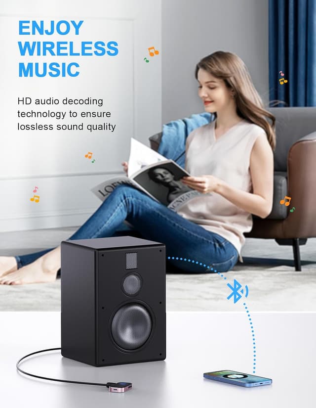 Detalle de COMSOON Bluetooth AUX Adapter (3.5mm) with CVC8.0 Noise Reduction, 16H Battery Life, Dual Connection (Black+Pink)