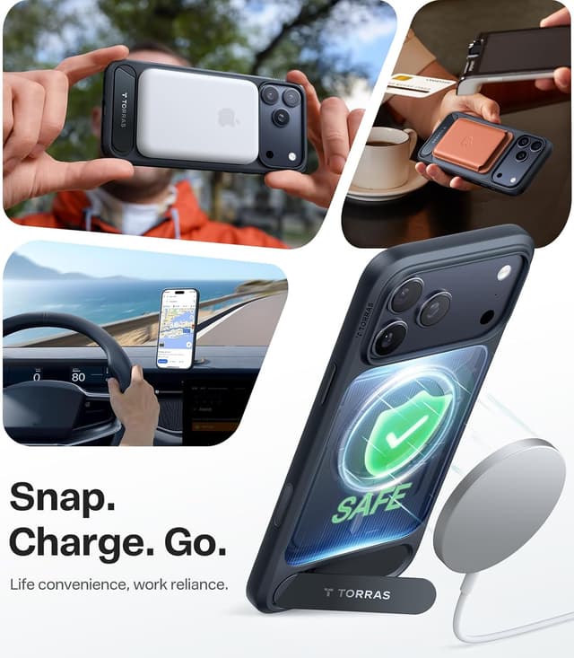 Detalle de TORRAS Strong Magnetic & Seamless Stand Case for iPhone 17 Pro (MagSafe, MIL-STD-810H), Black