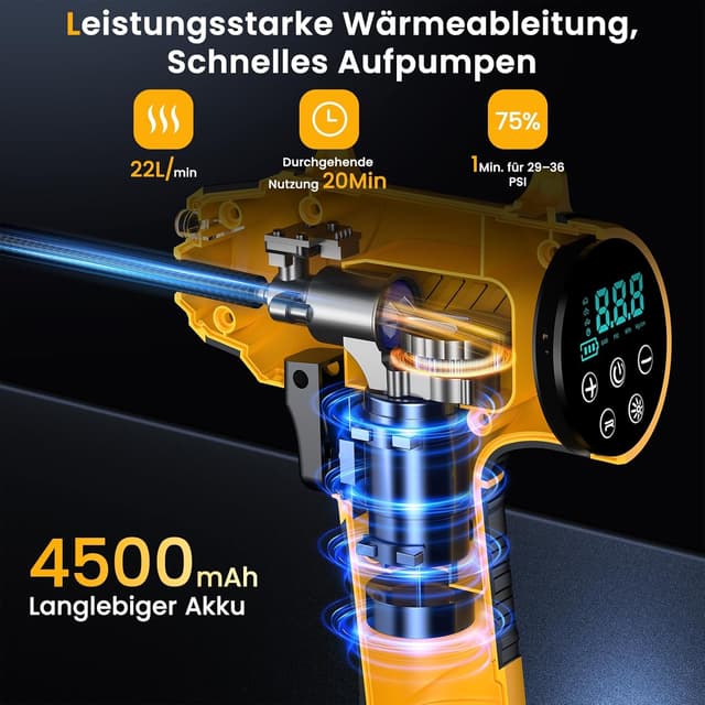 Detalle 2 de Akku-Luftpumpe für Auto & Fahrrad: Elektrische Auto Luftpumpe mit 150 PSI, 22 l/min und LED-Anzeige
