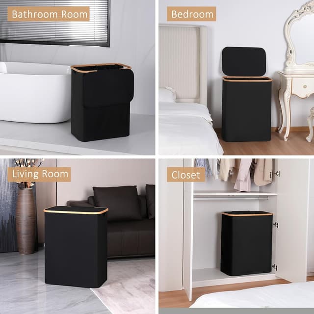 Thumbnail 6 de iEGrow großer Wäschekorb mit Deckel (150 l) und 2 Fächern, faltbar mit herausnehmbaren Innentaschen – Schwarz