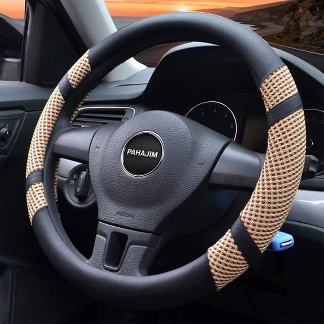 Detalle de Lifetooler steering wheel cover (beige) – ice silk, PU leather, breathable, anti-skid – universal 38cm (15in)
