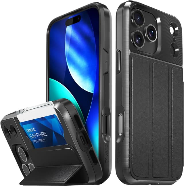 Detalle de VENA vCommute Wallet Case for iPhone 17 Pro Max (Flip Leather + Kickstand) – Black