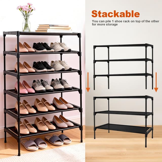 Detalle de LINKINNO scarpiera a 3 ripiani impilabile in metallo, per 9 paia di scarpe (70 x 30 x 45 cm) color nero