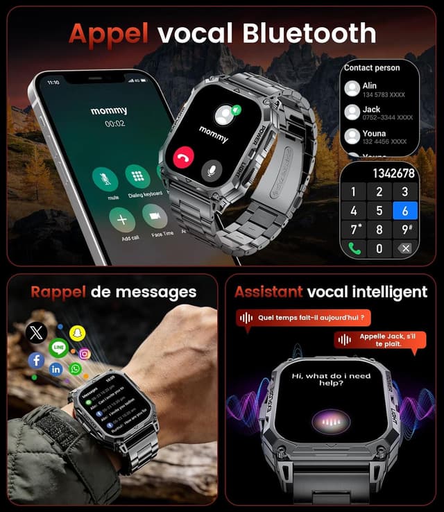 Detalle de FITFLEX Montre connectée Homme HD 2,01" avec Bluetooth pour appels, fréquence cardiaque et modes sport, IP68