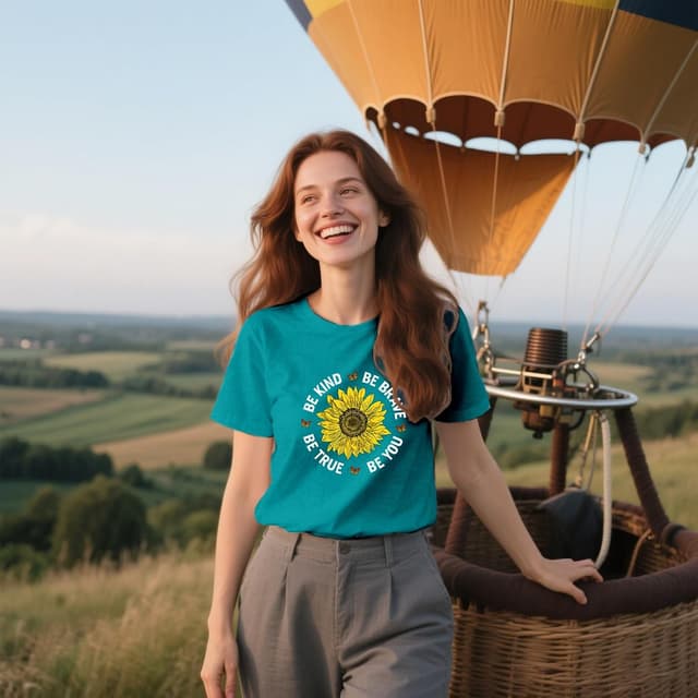 Detalle de Qskall women’s sunflower “Be Kind” slogan T-shirt – soft loose-fit inspirational tee
