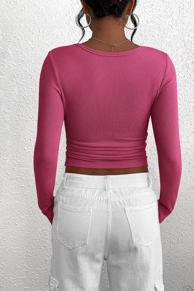 Detalle de Zeagoo T-shirt manches longues femme à col rond en tricot côtelé, coupe ajustée