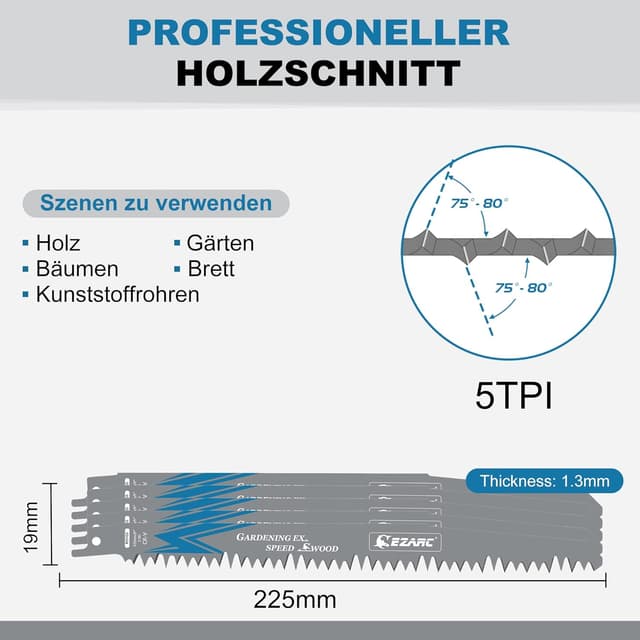 Detalle de EZARC Säbelsägeblätter-Set R931GS (5-teilig) für Holz, 225 mm, 5 TPI – Zubehör für schnelle Schnitte