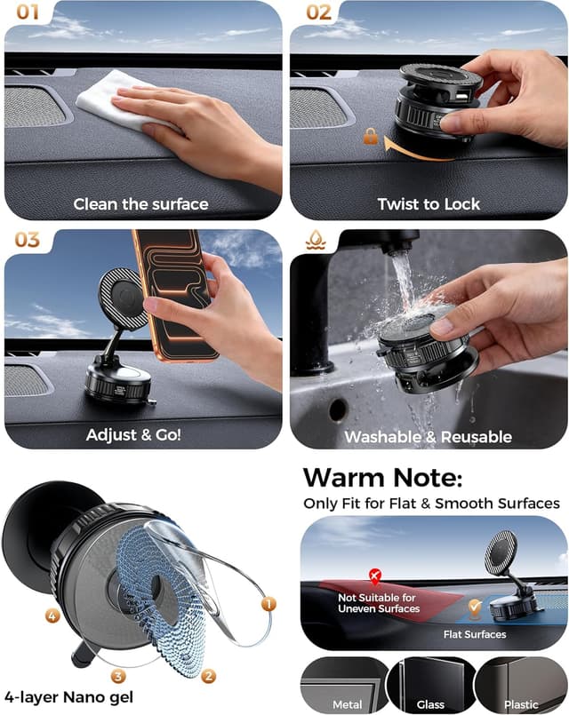 Detalle de Car Phone Holder for MagSafe (Carbon Fiber) — 108LBS Vacuum Suction Magnetic Mount with 360° Adjustment