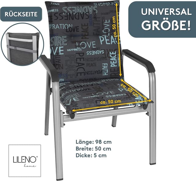 Detalle de LILENO HOME Gartenstuhl-Auflagen 2er-Set für Niedriglehner – Stuhlkissen in Anthrazit (Letters)