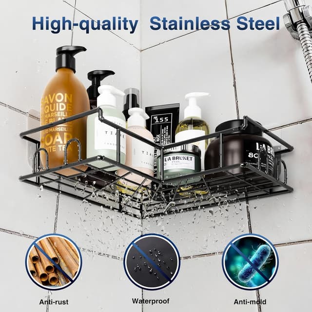 Detalle de Diboniur Mensola doccia angolare senza foratura con 8 ganci e organizer a appendere (2 pezzi) in acciaio inox, nero