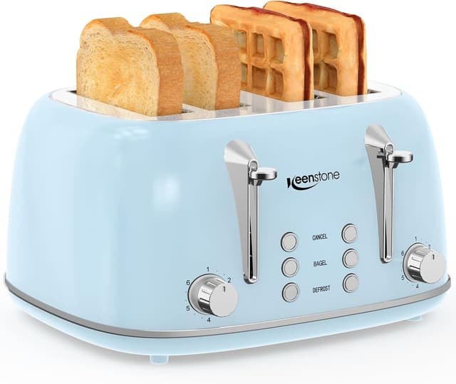 Detalle de Keenstone 4-Slice Retro Stainless Steel Toaster with Dual Independent Controls (Wide Slots, Blue)