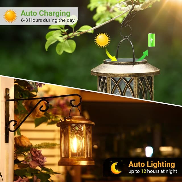 Detalle 2 de BUCASA Solar Lanterns Outdoor Garden Lights (2-pack) – Retro hexagon hanging solar ornaments in bronze