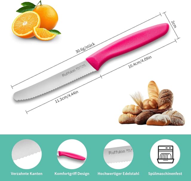 Detalle de Ruffulon Tafelmesser-Set (4 Stück) mit Wellentsschliff – Tomaten-/Brotmesser für Frühstück, Snack & Party