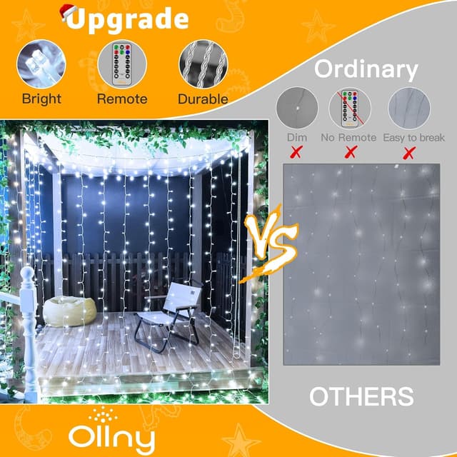 Detalle de Ollny Curtain Fairy Lights (300 LED, 3m x 3m waterfall) – mains powered with remote, timer & 8 modes