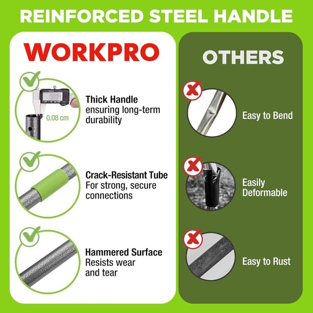 Detalle de WORKPRO 165 cm Adjustable Garden Rake with 17 Metal Tines and Heavy-Duty Steel Handle