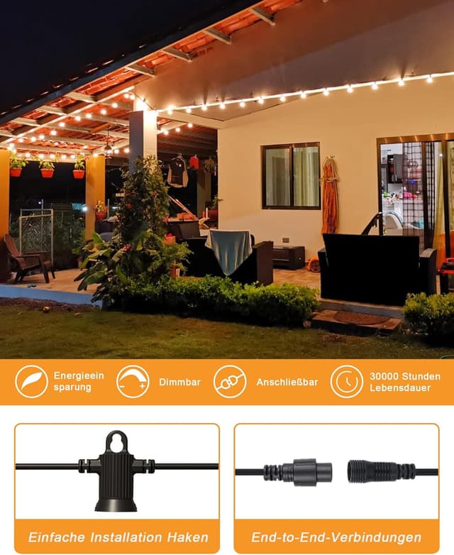 Detalle de Zuske 20 m Lichterkette Außen mit 30+2 warmweißen G40 LEDs (IP65)