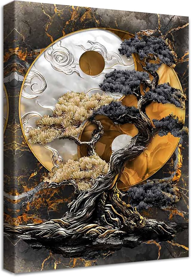 Detalle de HALFLEMART Yin-Yang-Baum Leinwandbilder mit Rahmen 30x40 cm – Schwarz/Braun/Silber, zum Aufhängen