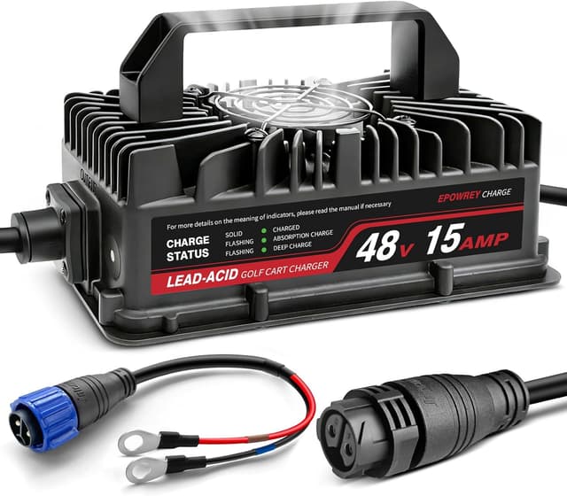 Detalle de EPOWREY 48 Volt Onboard 15 AMP Golf Cart Battery Charger (IP67, Ring Terminals)