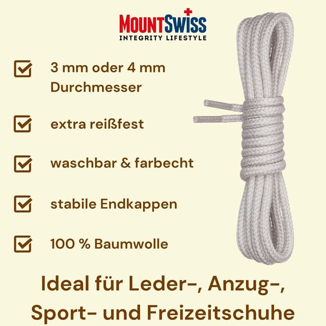 Detalle 2 de Mount Swiss lacets ronds en coton 100% (indéchirables), ø 3 à 4 mm, longueurs 45 à 200 cm