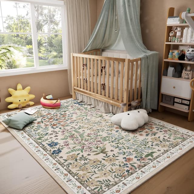 Detalle de 5x7 Machine-Washable Stain-Resistant Low Pile Area Rug (Non-Slip, Vintage/Farmhouse Style)