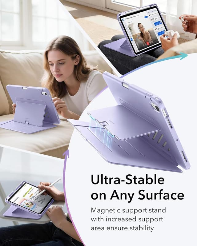 Detalle de ESR Coque iPad Air 11" (M4/M3/M2) & 10,9" (5e/4e) avec support vertical et porte-stylet – Série Flip, violette