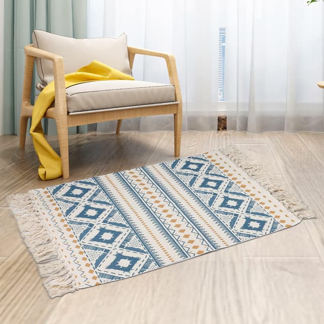 Thumbnail 6 de MORROWCAMP Boho Cotton Small Rug 58x88 cm with Tassels – Beige Grey Moroccan Floral Style Woven Washable Rug
