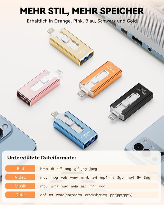 Detalle de SUDEHO USB Stick 256 GB für iPhone (MFi-zertifiziert) – 4-in-1 Flashlaufwerk mit Plug-and-Play Backup
