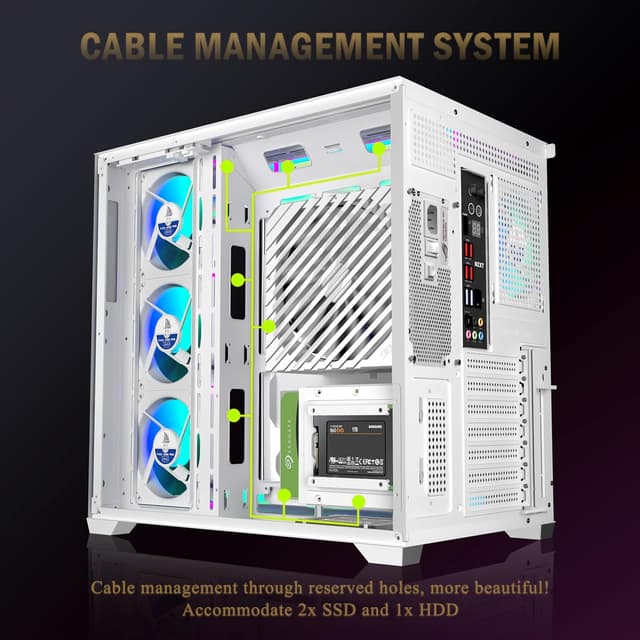 Detalle 2 de ANSAITE Case PC ATX H9 bianco: vetro temperato, 7 ventole PWM ARGB e supporto radiatore RAD 360 mm