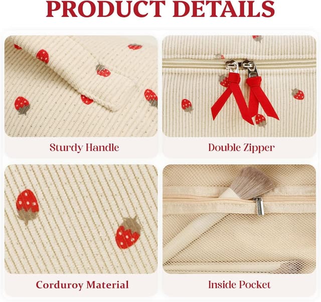 Detalle de Prite corduroy floral makeup bag (Strawberry) – large cosmetic & toiletry pouch for travel