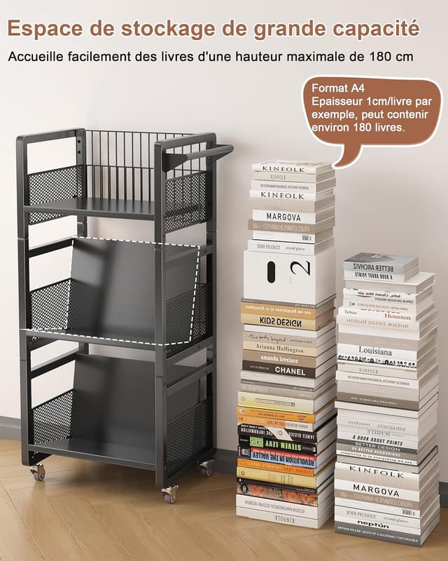 Detalle de Chariot livre bibliothèque à roulettes 70 kg avec 3 étagères mobiles et serre-livres magnétiques (noir)