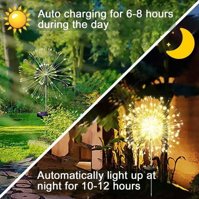 Detalle de Joysing Firework Solar Lights Outdoor Garden (2 Pack, 120 LED) – Warm White, Waterproof Starburst Path Lights with 8 Modes