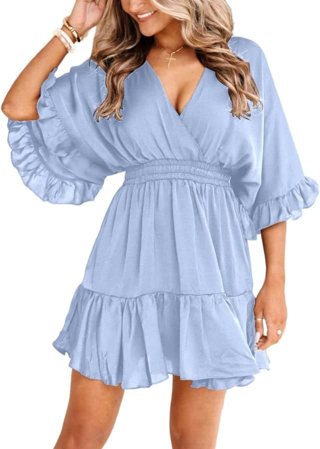 Detalle 2 de Aoysky V-Neck Smocked-Waist Ruffle Mini Dress for Summer