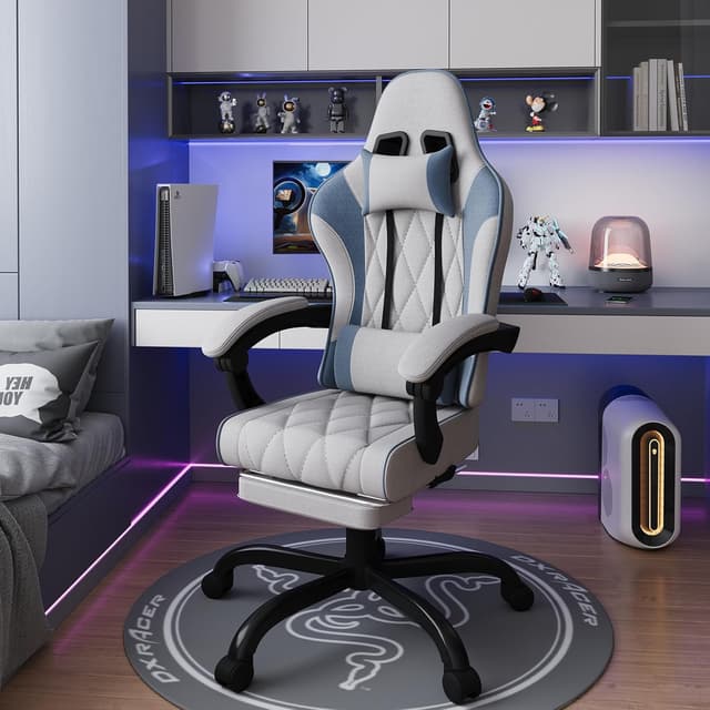 Detalle de JUMMICO Sedia gaming in tessuto con imbottitura a molle, ergonomica con massaggiatore, poggiatesta e poggiapiedi (Grigio & Blu) portata 150 kg