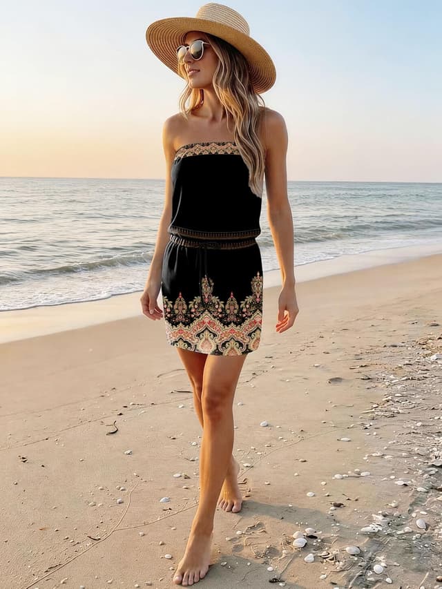 Detalle de Women’s Strapless Summer Dress Boho Beach Cover-Up with Drawstring Waist and Pockets