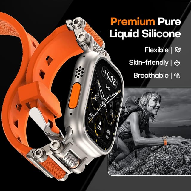 Detalle de TAURI Liquid Silicone & Stainless Steel Strap for Apple Watch Ultra (49mm) – Orange