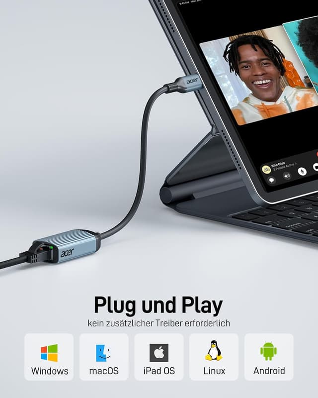 Detalle de acer USB‑C auf Ethernet Adapter (Thunderbolt 3/4 kompatibel) auf RJ45 Gigabit LAN