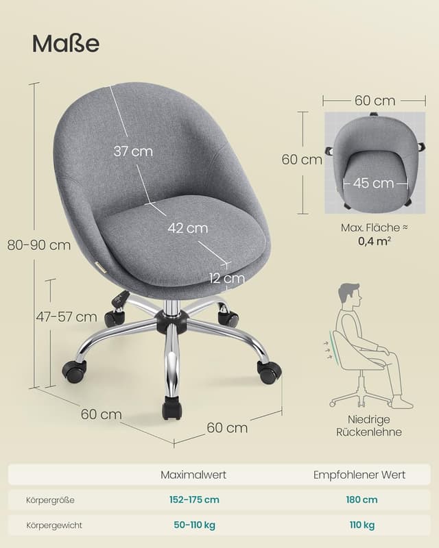 Detalle de SONGMICS Homeoffice- & Schminkstuhl OBG020G05 (höhenverstellbar, 360° drehbar, ohne Armlehnen)