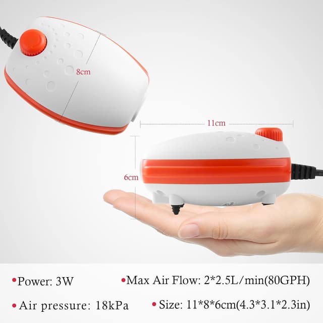 Detalle de PYPABL 3W Aquarium Air Pump (300L/H) – silent adjustable bubbler for fish and turtle tanks