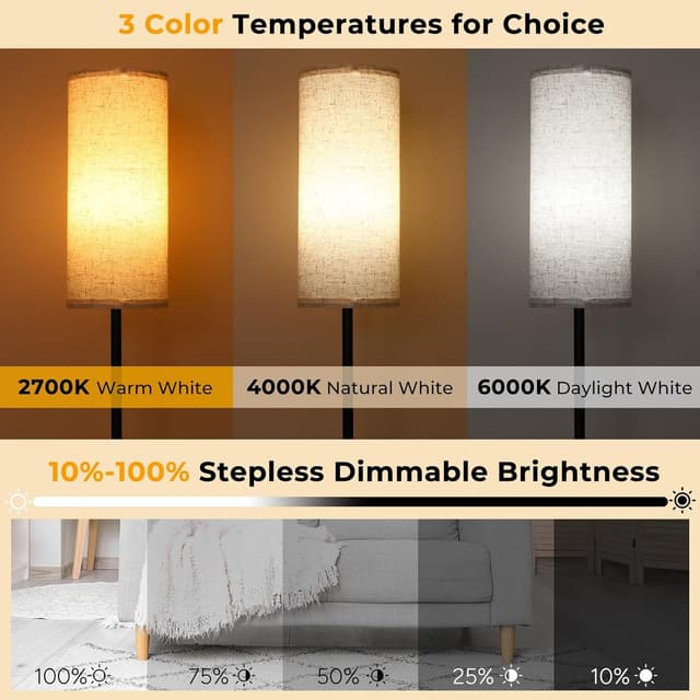 Detalle de Floor Lamp for Living Room (12W) with Beige Linen Shade, Magnetic Remote & Foot Switch, Stepless Dimming (171cm)