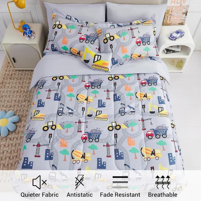 Detalle de Mooreeke Kids Twin Comforter Set (6-Piece) in Excavator Grey – Microfiber Bedding “In a Bag”