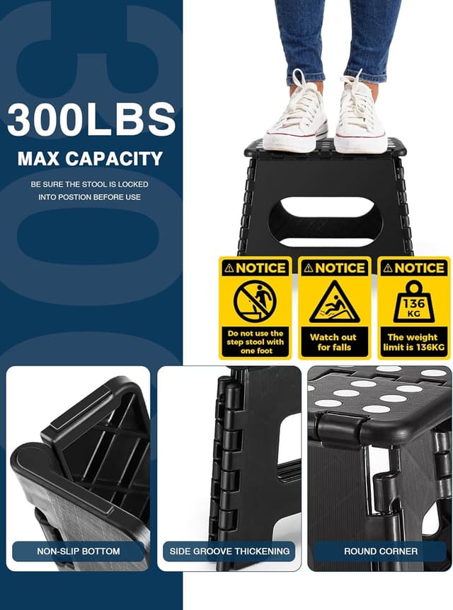 Detalle 2 de HOUSE DAY Klapphocker faltbar 27 cm Schwarz – stabiler Tritthocker mit Anti-Rutsch-Füßen