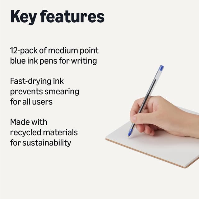 Detalle 2 de Amazon Basics Ballpoint Pen Set (12 pack) – 1.0 mm blue ink for home office, school & journalling
