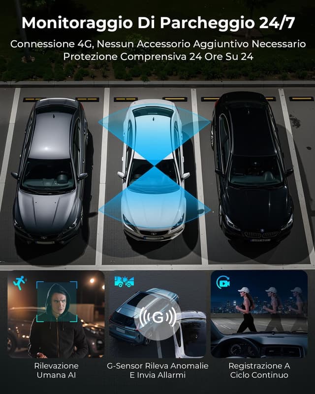 Detalle 2 de NUASI Dash Cam 4G LTE con doppia telecamera anteriore/posteriore 2K + 1080P, GPS, OBD e modalità parcheggio 24/7