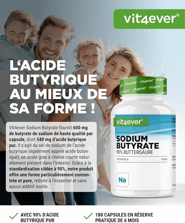 Detalle de Butyrate de sodium 180 gélules de 600 mg (90% acide butyrique) Premium, végan