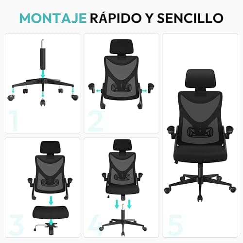 Thumbnail 6 de Yaheetech silla de oficina ergonómica con soporte lumbar ajustable, reposacabezas y base giratoria de 70 cm (negro)